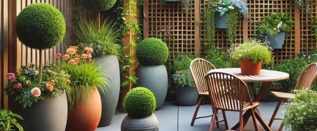 Privacy trellis decorated with potted plants for backyard seclusion
